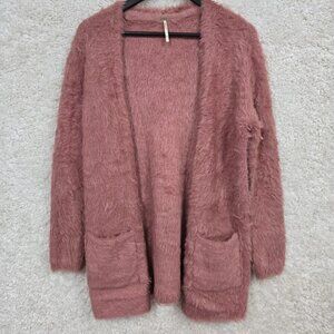 Free People Cardigan Womens XS Dusty‎ Rose Fuzzy Faux Fur Open Front Pockets